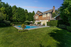 twilight real estate photo of backyard in East Hampton, NY